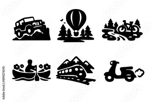 Adventure Transport Icons. Solid style icons of Adventure Transport: jeep hill, hot air balloon forest, bike river, canoe flower,