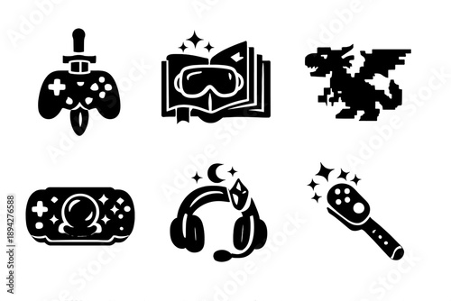 Gamer Mysticism Icons. Solid style icons of Gamer Mysticism: sword joystick, VR spellbook, pixel dragon, magic console, enchanted