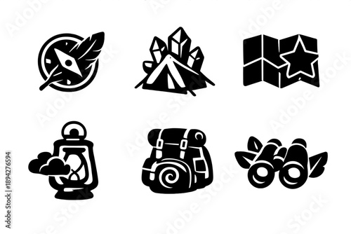 Adventure Icons Collection. Solid style icons of Travel & Adventure: compass feather, tent crystal, map star, lantern cloud,
