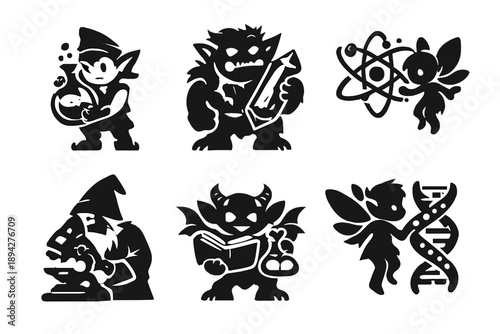 Alchemy Science Icons. Solid style icons of Alchemy & Science: potion flask elf, crystal vial troll, magic atom sprite, enchanted