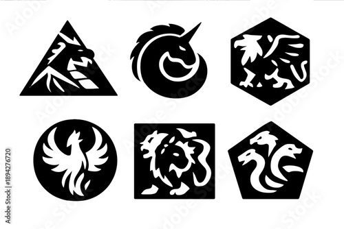 Mythical Animal Icons. Solid style icons of Mythical Animals: triangle dragon, spiral unicorn, hexagon griffin, circle phoenix,