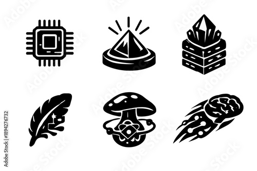 Innovation Tool Icons. Solid style icons of Innovation Tools: AI chip, hologram prism, server crystal, data feather, quantum
