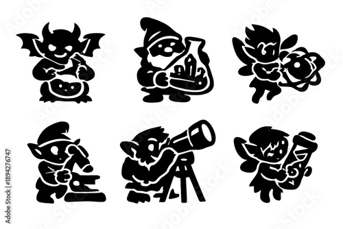 Fantasy Research Tool Icons. Solid style icons of Fantasy Research Tools: potion flask imp, crystal beaker gnome, atom orb sprite,