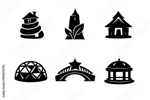 Creative Building Icons. Solid style icons of Creative Buildings: cabin spiral, tower leaf, hut arrow, dome diamond, bridge star,