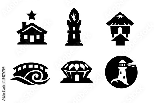 Symbolic Architecture Icons. Solid style icons of Symbolic Architecture: cabin star, tower leaf, hut arrow, bridge spiral, dome