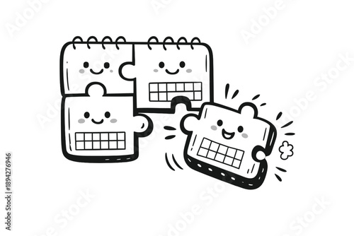 Playful Calendar Puzzle. Doodle-style vector icon of a quarterly calendar puzzle with one month piece snapping into place, playful