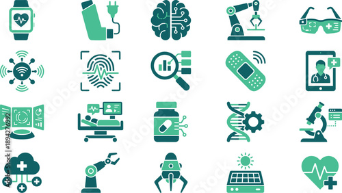 Modern medical technology icons for digital healthcare solutions. Representing AI, biotechnology, and smart health innovation