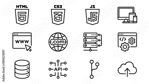 Set of 12 Web Development and Programming Line Icons Featuring HTML5, CSS3, JavaScript, Responsive Design, Browser, Domain, Hosting, Server, API, Database, Cloud Upload, and Version Control.
