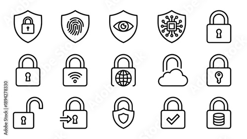 Comprehensive set of cyber security and shield lock line icons in a minimalist vector style. Includes padlocks, fingerprints, biometric eye, circuit chip, wifi, cloud, and database protection.
