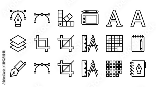 Vector Set of Graphic Design Tools Line Icons Featuring Pen Tool, Color Palette, Graphics Tablet, Layers, Crop, Ruler, Compass, and Typography for Creative Branding and Web Design Projects.