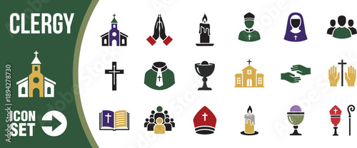 Clergy icon set with religious symbols vector illustration
