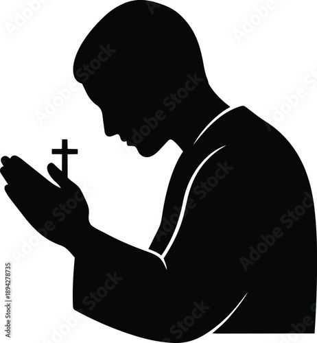 Man Praying with Cross, Faith and Spirituality Concept, Simple Flat Design vector illustration