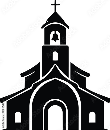 Orthodox church building with cross and bell tower flat design vector illustration