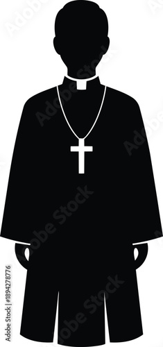 Priest or Clergyman with Cross Necklace, Religious Leader Silhouette, Faith Symbol Vector Illustration
