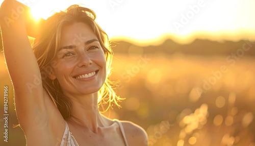 Smiling adult woman standing in sunlit field with raised arms enjoying warm golden hour light