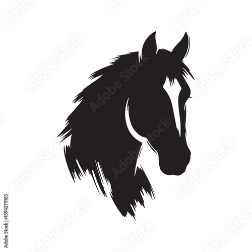 Stylized black and white horse head profile illustration with artistic brush stroke