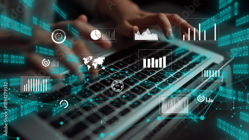Fotografie This image showcases a pair of hands typing on a laptop with various data visualizations and statistical graphics, emphasizing the integration of technology and analytics