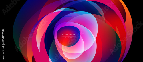 Abstract colorful layers create dynamic circular design. Vivid gradients blend, forming modern background. Brightness contrasts beautifully.
