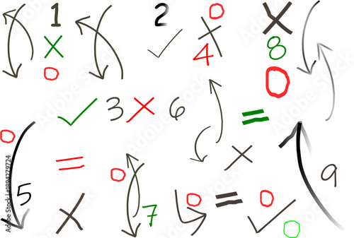 Colorful Hand-Drawn Puzzle Diagram With Arrows, Numbers, And Checkmarks For Brain Teaser Theme