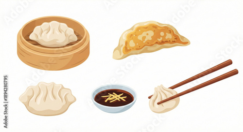 Set of delicious dumplings and dipping sauce with chopsticks illustration