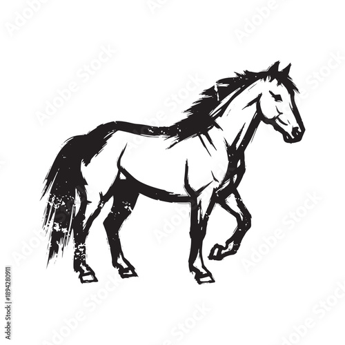 Grungy hand drawn vector illustration of a walking horse silhouette with textured ink brush strokes on white