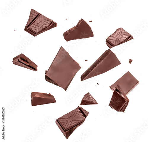 Foto Assorted dark chocolate chunks and broken pieces isolated on white background, minimal food composition with copy space