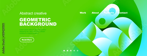 Bright green website header. Abstract shapes, text elements present. Navigation links visible, modern design aesthetic.