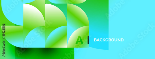 Abstract design features layered green, turquoise shapes. Text reads AI BACKGROUND. Modern, vibrant composition.