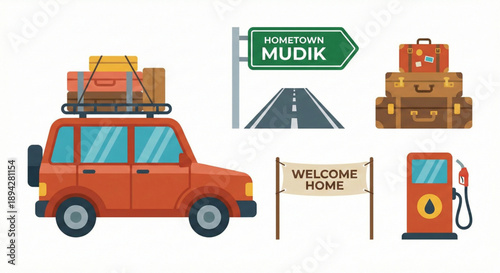 Road trip adventure with a packed car and iconic travel symbols