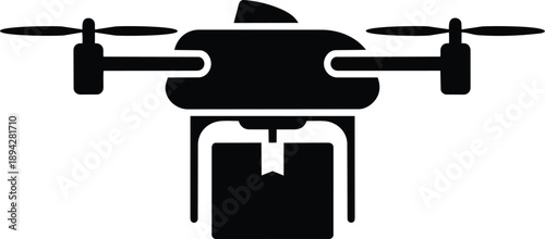 Black drone icon with camera, flying drone, aerial photography tool