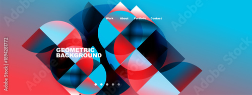 Abstract geometric background features vibrant blue, red gradients. Navigation includes work, about, portfolio, contact options. Modern design.