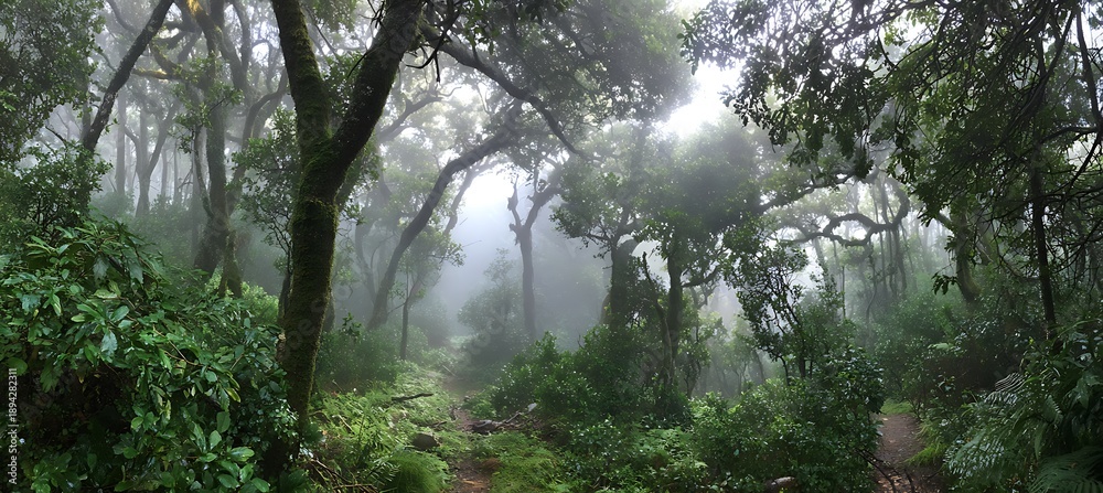 Obraz premium Serene foggy forest landscape with lush greenery and winding dirt path through trees on a misty day