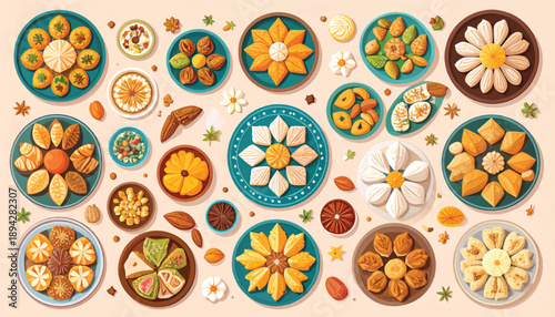 Middle Eastern Desserts Eid Sweets Geometric Arrangement Vector