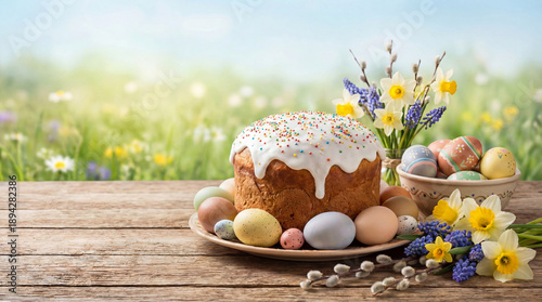 Easter cake with white glaze and colorful easter eggs on wooden table