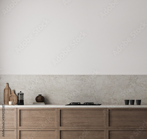 Modern style wooden kitchen interior background. Nature design with beige stone marble. 3d rendering. High quality 3d illustration