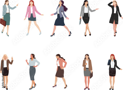 Businesswomen illustration, professional attire, female figures, office fashion, corporate style, career poses, workplace diversity, vector art, presentation gesture, modern design
