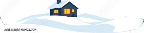 Minimal Winter Cabin Icon. Minimal cabin icon with warm window glow sitting on smooth snowdrift shapes, sparse snowflake bokeh and