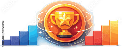 Trophy Star Achievement. Trophy-star badge with subtle glow rings and sparkle dust, surrounded by minimal progress blocks