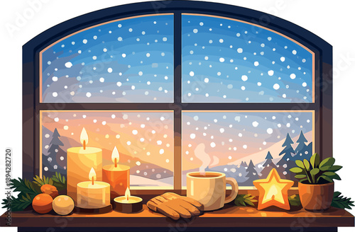 Cozy Candlelit Vignette. Candlelit window vignette with falling snow outside, soft gradient sky and warm interior glow creating a