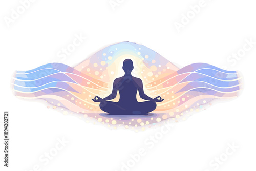 Harmony in Motion. Meditation silhouette centered with symmetrical wave lines radiating outward, soft glow aura and bokeh