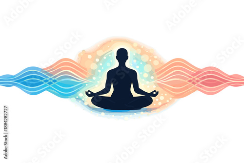 Harmony in Motion. Meditation silhouette centered with symmetrical wave lines radiating outward, soft glow aura and bokeh