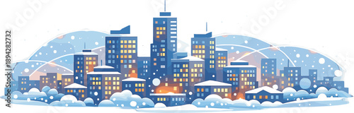 Winter Business Operations. Snowy city skyline with warm office window glows, subtle snowflake bokeh and thin glow data lines