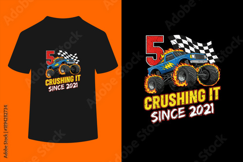 Birthday Monster Truck 5 Year Old Boys 5th Party Born 2021 T-Shirt
