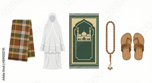 Islamic prayer essentials a curated collection of traditional garments, mat, beads, and footwear for spiritual devotion