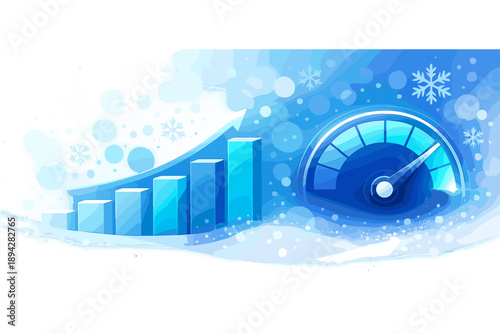 Winter Analytics Visualization. Analytics vignette with rising bar blocks and a glowing speedometer gauge, snowflake bokeh and