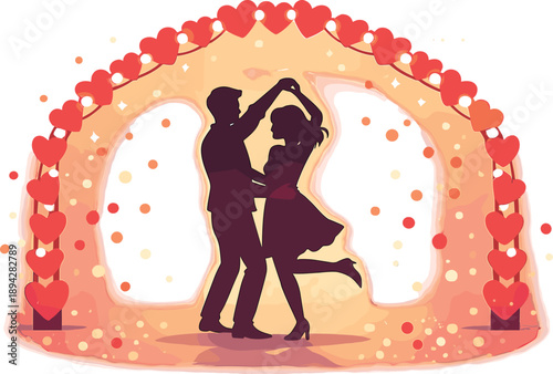 Romantic Dance Celebration. Couple silhouettes dancing under a glowing heart garland arch, scattered confetti dots and soft