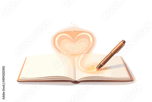 Glowing Heart Sketch. Open notebook with a glowing pen tip drawing a simple heart aura, tiny sparkle dust drifting upward and lots