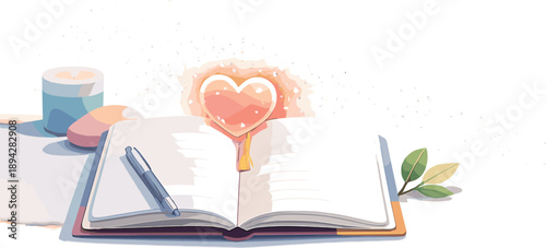 Emotional Balance Illustration. Journal reflection vignette with open notebook and a glowing heart bookmark, sparkle particles