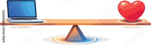 Work-Life Balance Illustration. Work-life balance concept with a smooth seesaw beam holding laptop and heart icons in perfect