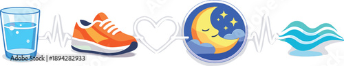 Wellness Routine Icons. Balanced routine icons—hydration glass, sneaker, moon sleep badge, and mindful breathing wave—connected by